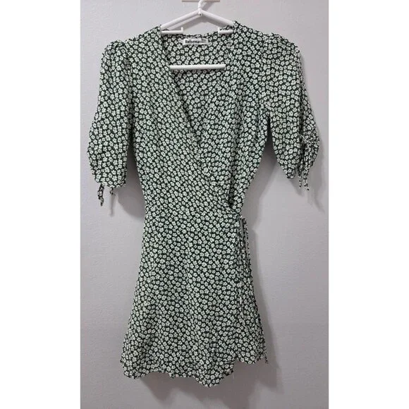 Reformation Green Floral Wrap Mini Dress Size Small Tie Sleeve V-Neck - Picture 3 of 8